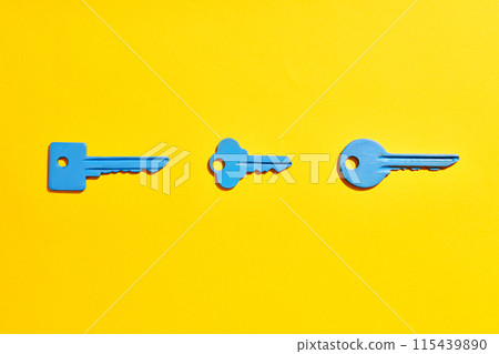 Blue keys on vibrant yellow background Blue keys on vibrant yellow background 115439890