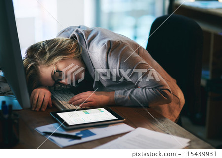 Tired woman, desk or sleeping at night with burnout in stress, anxiety or depression at office. Female person or business employee asleep after working late for rest, break or overworked at workplace 115439931