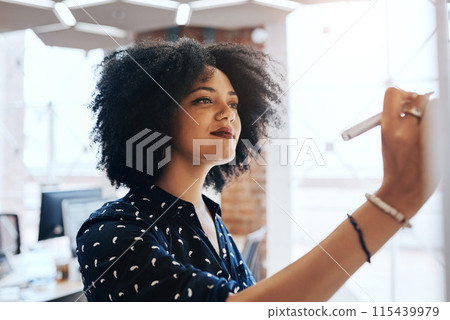 Woman, writing and creative in office with whiteboard, brainstorming and planning with pen for professional strategy. Thinking, ideas and business vision with employee, working and problem solving 115439979