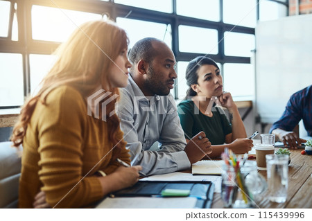 Business people, office and meeting with notes for conversation, brainstorming for company strategy. Teamwork, collaboration and group with paper for ideas in conference room, planning and coworking 115439996