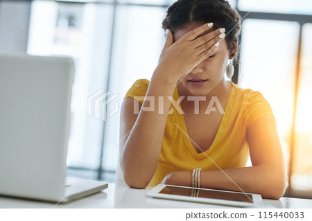Frustrated headache, tablet and woman in office, exhausted with 404 error, pain or web problem. Stress, fatigue and tired girl with burnout, anxiety and deadline for time management crisis at desk 115440033