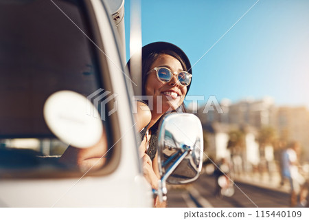 Woman, van and roadtrip or outside window, happiness and fun adventure for summer vacation with transport. Travel, holiday and female person smiling for journey, weekend break and sunglasses 115440109