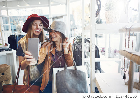 Friends, selfie and luxury shopping with women, smile and happiness together with retail, sale and discount at mall. Fashion, photograph and memory for social media, customer or urban boutique store 115440110