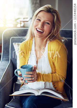 Happy woman, armchair and coffee break in portrait, relax or reading as interior designer for architecture firm. Female person, smile and apartment for calm, stress management or peace as consultant Happy woman, armchair and coffee break in portrait, relax or reading as interior designer for architecture firm. Female person, smile and apartment for calm, stress management or peace as consultant 115440154