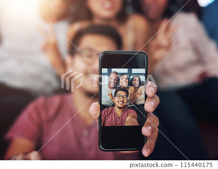 People, friends and screen with selfie on smartphone for memory, millennial blog and content creation with happiness for youth. Cellphone, hand and bonding with photography, live streaming and indoor 115440175