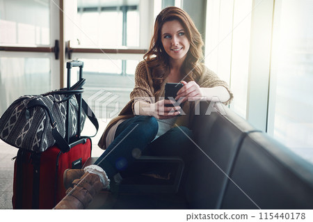 Female person, airport or luggage with phone for thinking, waiting with smile for travel or vacation. Woman, happiness or idea for holiday destination with mobile, contemplating or planning in London 115440178