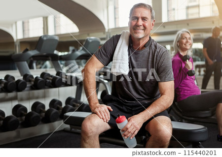 Sports, gym and portrait of senior man with water bottle for training, exercise and workout. Fitness, retirement and person resting with towel, liquid and drink for wellness, health and hydration Sports, gym and portrait of senior man with water bottle for training, exercise and workout. Fitness, retirement and person resting with towel, liquid and drink for wellness, health and hydration 115440201