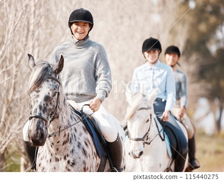 Women, portrait and horses in countryside for fitness, exercise and training for sport in nature. Friends, group and together with animal or pet in summer for sunshine, travel and freedom in forest 115440275