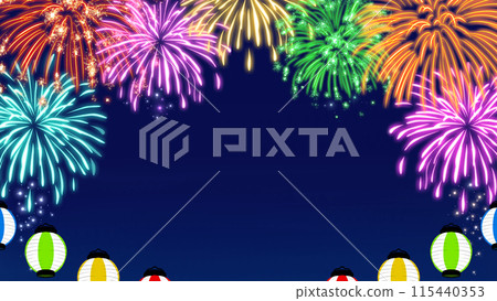 Summer festival fireworks and lanterns frame background 16:9 Summer festival fireworks and lanterns frame background 16:9 115440353