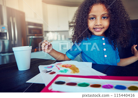 Kid, girl and portrait with painting for homework in home for education, learning and smile and enjoy. Gen z, school work and happy for child development, art and creativity with growth and knowledge Kid, girl and portrait with painting for homework in home for education, learning and smile and enjoy. Gen z, school work and happy for child development, art and creativity with growth and knowledge 115440416