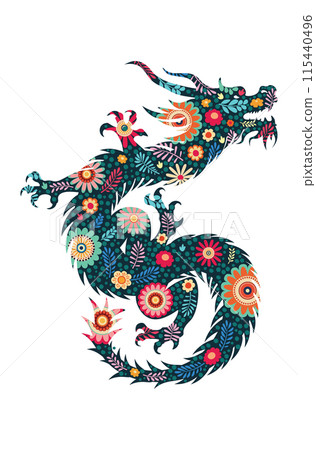 Flowers inside of asian dragon silhouette 115440496