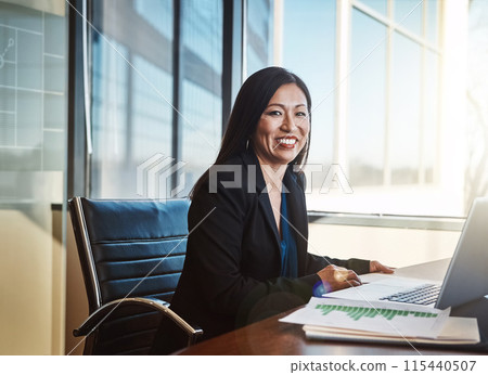 Japanese woman, documents and laptop for graphs, review and smile in portrait at financial agency. Person, accountant or happy in office for budget, audit and charts for performance, growth or stats Japanese woman, documents and laptop for graphs, review and smile in portrait at financial agency. Person, accountant or happy in office for budget, audit and charts for performance, growth or stats 115440507