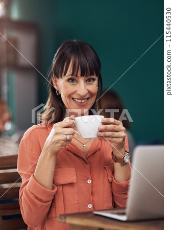 Portrait, smile and woman with coffee in cafe for research, career and laptop in city. Technology, freelancer and happy in restaurant with latte or tea, email and remote work with pride in New York 115440530
