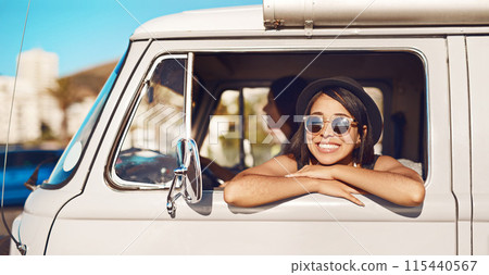 Women, van and road trip or happiness window, friends and fun adventure for summer vacation together in transport. Travel, holiday and smile for journey on weekend break, driving and relax in vehicle 115440567