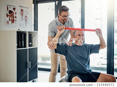 Clinic, physiotherapy and old man with resistance band, healthcare and support for senior healthcare. Physio, therapist and elderly patient for mobility training, exercise and help with stretching Clinic, physiotherapy and old man with resistance band, healthcare and support for senior healthcare. Physio, therapist and elderly patient for mobility training, exercise and help with stretching 115440571