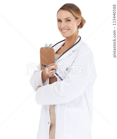 Happy woman, doctor or portrait with checklist in studio for research, assessment or writing of clinic results. Help, white background or healthcare worker with notes, clipboard or smile for services 115440588