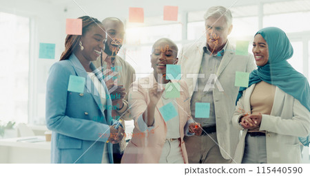 Meeting, training and sticky notes on glass in the office with a business team talking about strategy. Teamwork, planning and collaboration with a black woman leader coaching her staff at work Meeting, training and sticky notes on glass in the office with a business team talking about strategy. Teamwork, planning and collaboration with a black woman leader coaching her staff at work 115440590