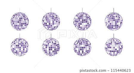Purple discoball silhouettes. Disco music party glitterballs in 70s 80s 90s discotheque style. Shining nightclub mirror globes. Nightlife, holiday, fun retro symbols. Vector flat illustration 115440623