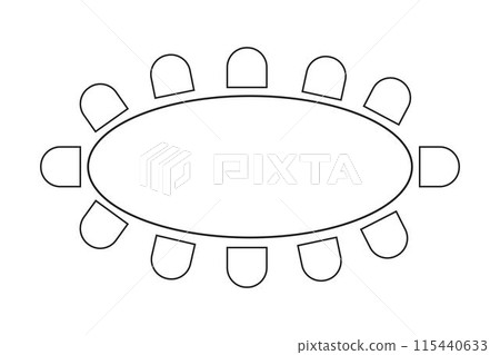 Oval table and chairs icons isolated on white background. Cafe or restaurant seats arrangement plan. Workplase, meeting or business training seatings scheme top view. Vector graphic illustration 115440633