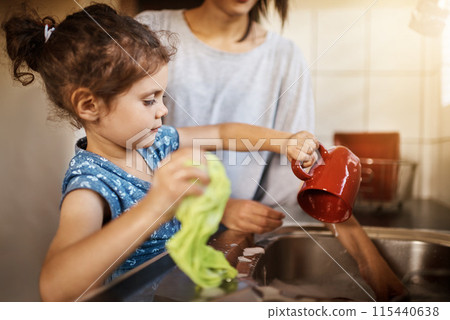 Mom, child and learning to wash dishes in kitchen with cleaning, teaching and help in a family home. Cup, happy and love of parent and young girl together with bonding, support and sink with care Mom, child and learning to wash dishes in kitchen with cleaning, teaching and help in a family home. Cup, happy and love of parent and young girl together with bonding, support and sink with care 115440638