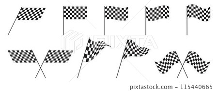 Set of race flags with chequered black and white print. Start or finish symbols on sport car competitions. Rally or motocross props. Victory, trophy or success signs. Vector graphic illustration 115440665