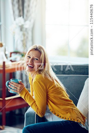 Happy, coffee and portrait of woman in home for relaxing, chill and calm with drink, beverage and espresso. Smile, morning and person with cup, tea and mug in living room for wellness, rest and break Happy, coffee and portrait of woman in home for relaxing, chill and calm with drink, beverage and espresso. Smile, morning and person with cup, tea and mug in living room for wellness, rest and break 115440676