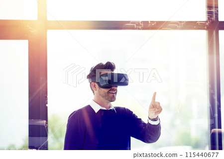 Man, virtual reality and glasses for double exposure in office for traffic, click or planning for road infrastructure. Person, civil engineering and happy with AR, metaverse and 3d user experience Man, virtual reality and glasses for double exposure in office for traffic, click or planning for road infrastructure. Person, civil engineering and happy with AR, metaverse and 3d user experience 115440677
