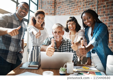 Thumbs up, laptop and portrait of happy business people in office for collaboration, about us and teamwork. Creative office, diversity and men and women with gesture for success, winning or promotion 115440680