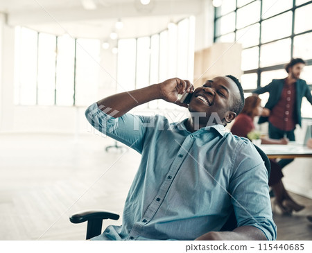 Businessman, phone call and happy with communication in office for b2b negotiation, client networking and consulting. African employee, consultation chat and professional advice or laugh in workplace 115440685