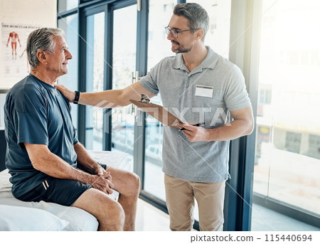 Physical therapy, chiropractor and senior man consulting with clipboard for rehabilitation, recovery and treatment. Healthcare, physiotherapy and patient for medical service, wellness and support 115440694
