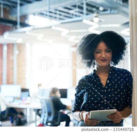 Office, pride and portrait of black woman with tablet for web design, development or communication. Employee, smile and designer at creative agency with tech for online connection, network or ux plan 115440728