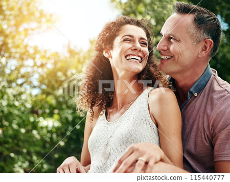 Smile, couple and hug for marriage with commitment, relationship and happiness on honeymoon. Excited, husband and wife with love embrace for connection, support and time together outdoor in nature Smile, couple and hug for marriage with commitment, relationship and happiness on honeymoon. Excited, husband and wife with love embrace for connection, support and time together outdoor in nature 115440777