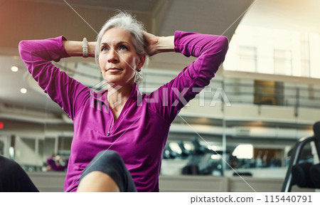 Gym, stomach workout and mature woman with fitness, sport and abs exercise for wellness and health. Training, athlete and thinking with crunches, abdomen muscle and core strength on the floor 115440791