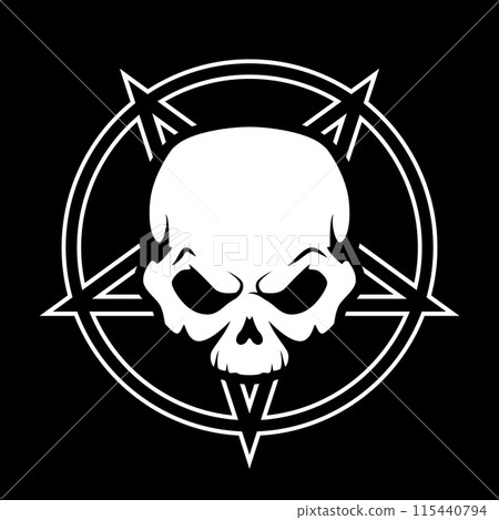 human skull with Pentagram in circle - black and white vector illustration, isolated on black human skull with Pentagram in circle - black and white vector illustration, isolated on black 115440794