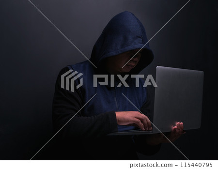 Network, hacker and man with laptop in studio for cybersecurity, malware and scam on database. Cyber attack, crime and person with technology for fraud, coding risk and ransomware on black background Network, hacker and man with laptop in studio for cybersecurity, malware and scam on database. Cyber attack, crime and person with technology for fraud, coding risk and ransomware on black background 115440795