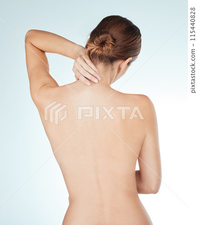 Neck pain, body and naked woman in studio with injury, discomfort and inflammation, nerve or problem on white background. Back, emergency and nude girl model with tender, spine or wound risk crisis 115440828
