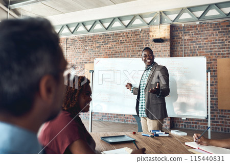 Board, man or speaker in presentation for coaching, SWOT analysis or skill development in meeting. People, business workshop or leader talking in team training, teaching or learning opportunity 115440831