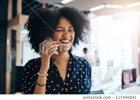 Black woman, laughing and business with phone call for funny joke, discussion or proposal at office. Young African, female person or employee with smile for friendly conversation on mobile smartphone 115440841