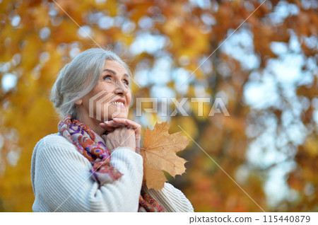 Senior nice woman walking in the park in autumn. Senior nice woman walking in the park in autumn. 115440879