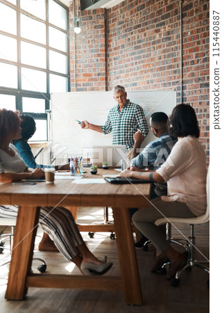 Ideas, teamwork and man at creative presentation for project management, planning and workshop leadership. Whiteboard, meeting room and business people in office for growth, development or proposal 115440887