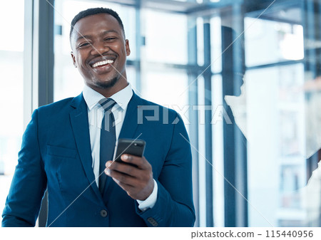 Portrait, businessman and cellphone for networking, communication and happy in modern office. Technology, email and African financial advisor in workplace with internet for company and consulting Portrait, businessman and cellphone for networking, communication and happy in modern office. Technology, email and African financial advisor in workplace with internet for company and consulting 115440956