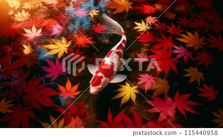 A beautiful scene of carp swimming gracefully in the water and autumn leaves 115440958
