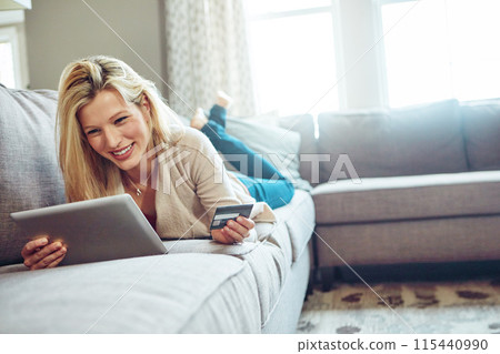 Woman, card and tablet or relax on sofa, fintech and online transaction for shopping in home. Customer, internet payment and sale app or banking, e commerce and happy for purchase in apartment Woman, card and tablet or relax on sofa, fintech and online transaction for shopping in home. Customer, internet payment and sale app or banking, e commerce and happy for purchase in apartment 115440990