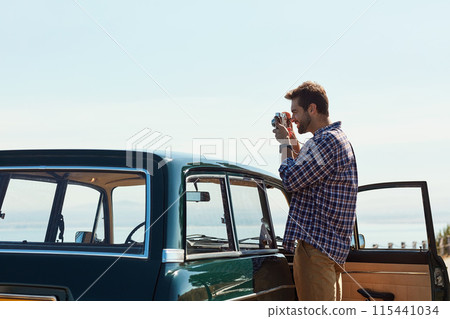 Outdoor, photographer and man with camera on road trip, adventure and holiday vacation in Spain. Nature, male traveler and photography by car for memory, picture and tourist with vintage equipment Outdoor, photographer and man with camera on road trip, adventure and holiday vacation in Spain. Nature, male traveler and photography by car for memory, picture and tourist with vintage equipment 115441034