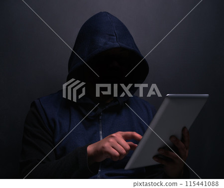 Online, hacker and man with tablet in studio for cybersecurity, ransomware and scam on database. Cyber attack, crime and person with technology for coding, privacy risk or malware on black background Online, hacker and man with tablet in studio for cybersecurity, ransomware and scam on database. Cyber attack, crime and person with technology for coding, privacy risk or malware on black background 115441088