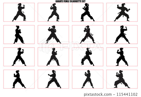 Martial art female karate silhouettes set, Black silhouette illustration of female karate 115441102