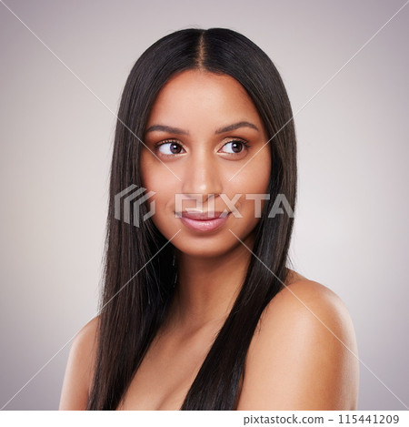 Cosmetics, woman and smile thinking of hairstyle in studio white background for beauty, treatment and haircare. Dermatology, female person and healthy hair glow for wellness, growth and shine 115441209