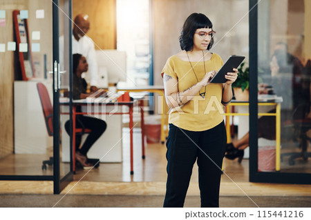 Woman, tablet and thinking at startup with reading, typing and check notification on web in office. Person, internship and digital touchscreen with ideas, click ad research on app at creative agency 115441216