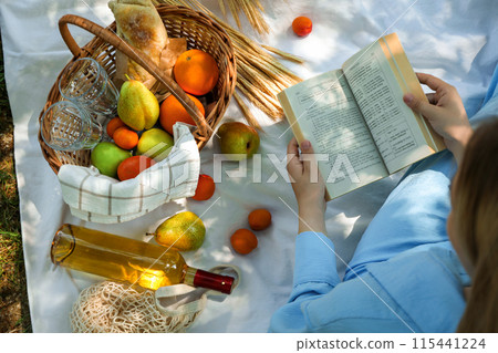 A girl on a picnic reads a book A girl on a picnic reads a book 115441224