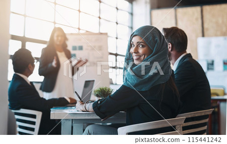 Meeting, business people and portrait of Muslim woman in office for planning, presentation and project ideas. Corporate, diversity and happy worker with staff for teamwork, collaboration and feedback Meeting, business people and portrait of Muslim woman in office for planning, presentation and project ideas. Corporate, diversity and happy worker with staff for teamwork, collaboration and feedback 115441242